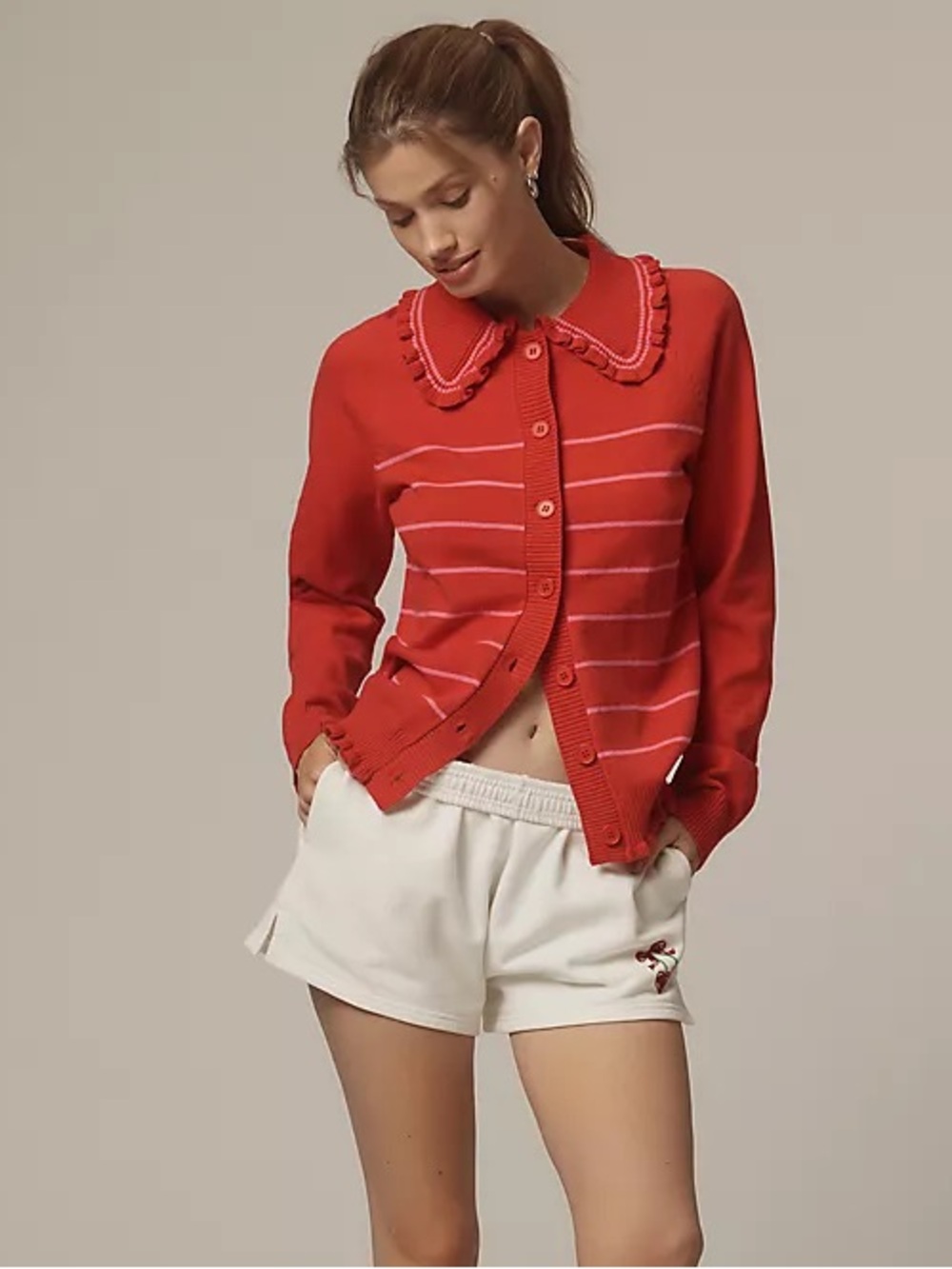 NWT Beach Riot Anthropologie Emmeline Red Striped Ruffle Collared Cardigan XS